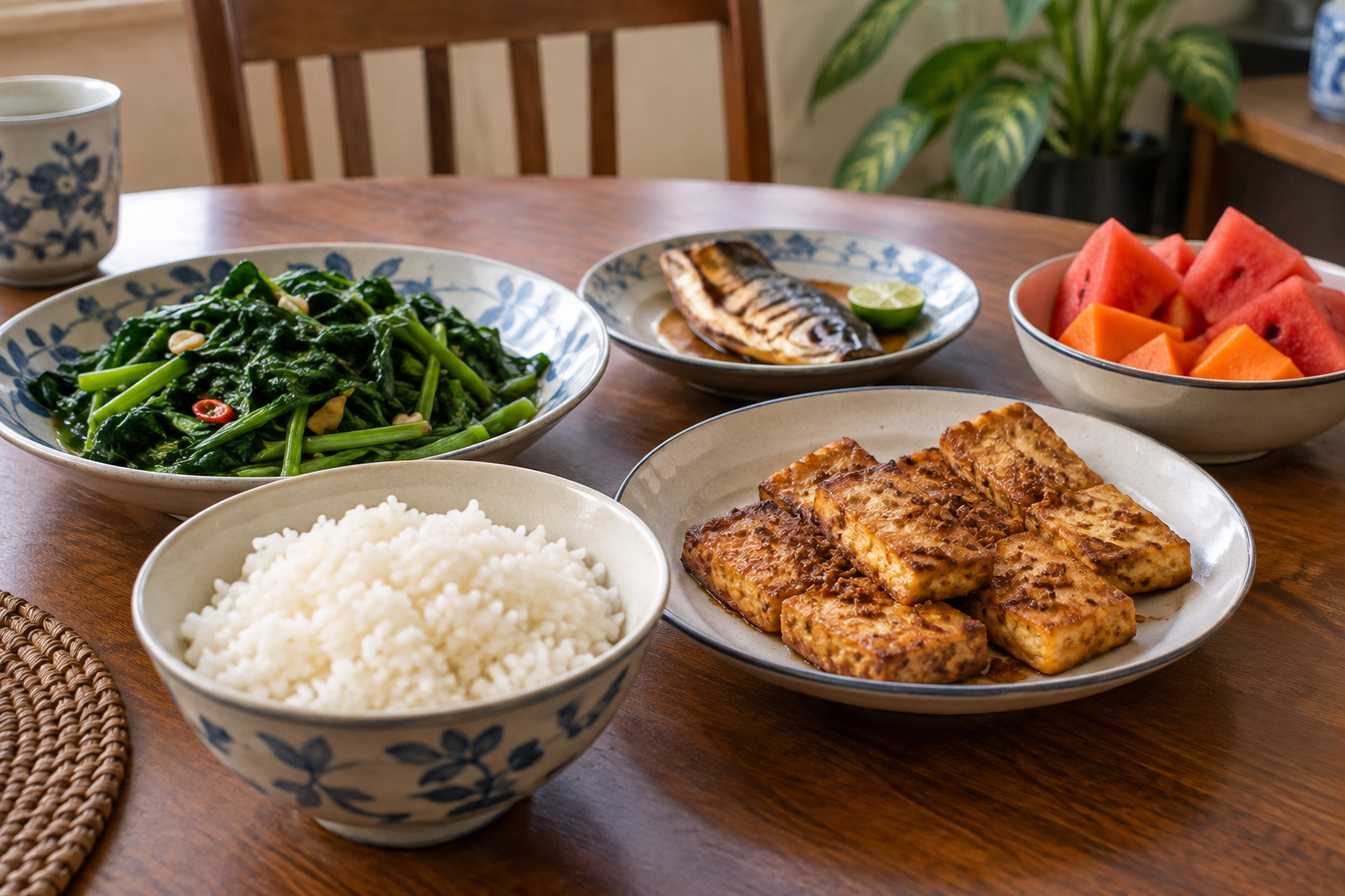A home-style meal with rice, tofu, fish, leafy greens and fruit served in separate dishes