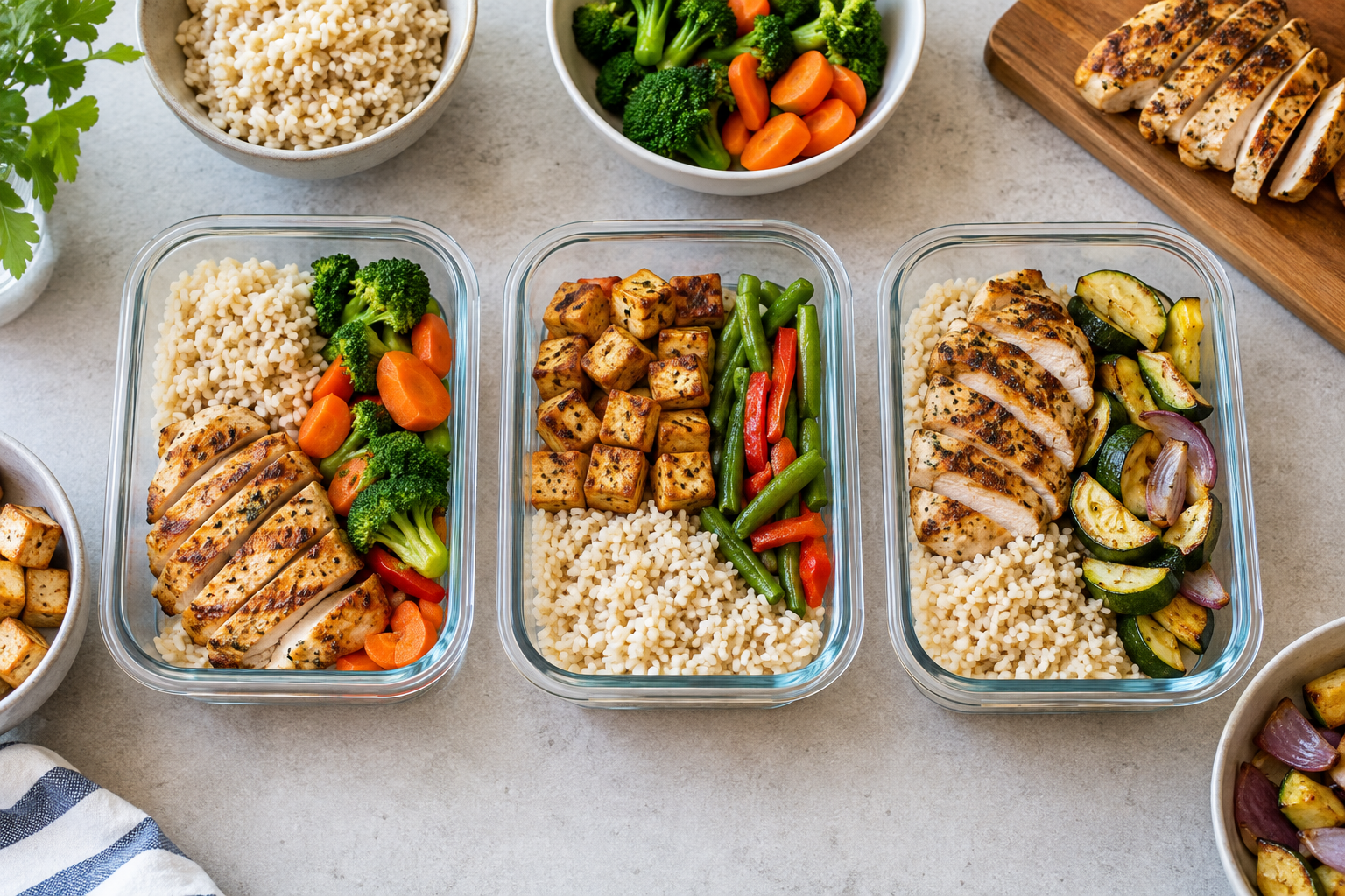 Three prepared meals with rice, chicken, tofu and vegetables in reusable containers