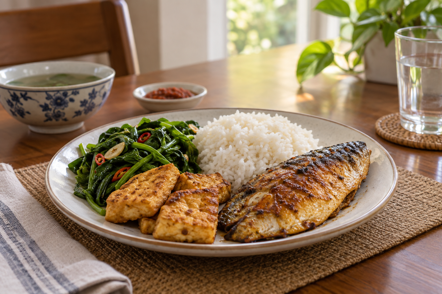 A home-style meal with rice, grilled fish, tofu and leafy greens on a dining table